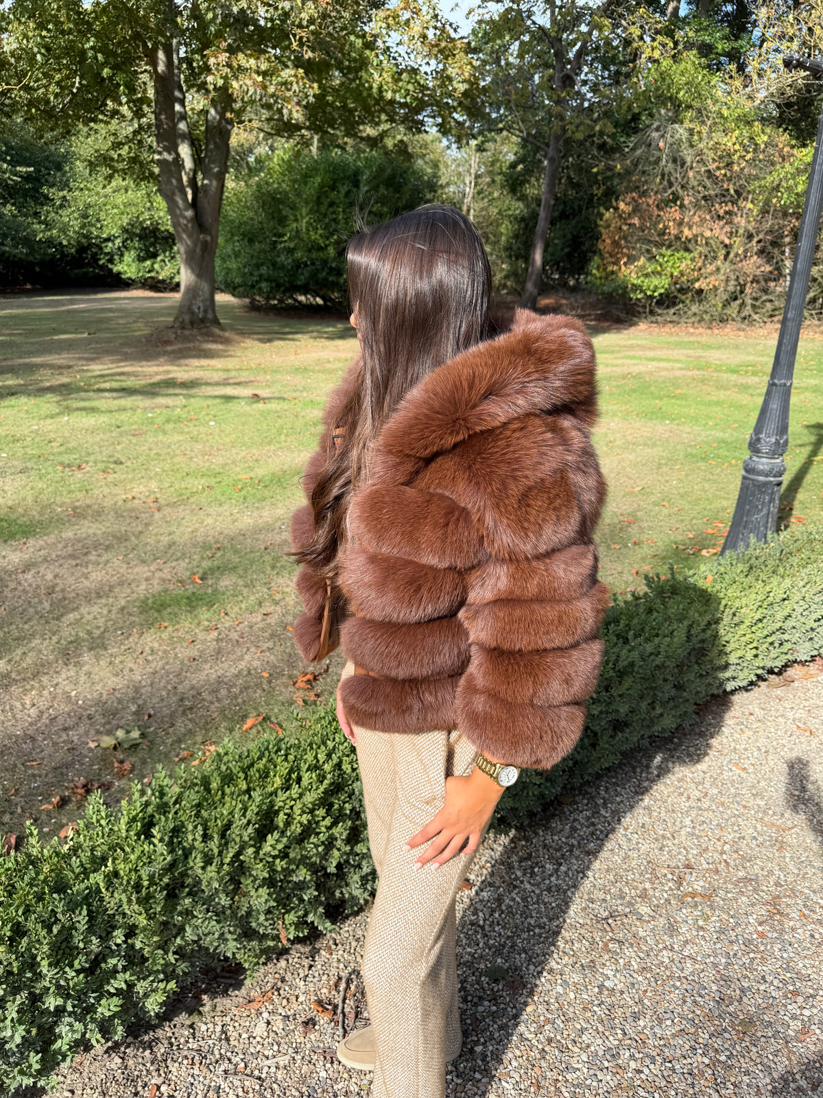 Brown cropped hooded fur