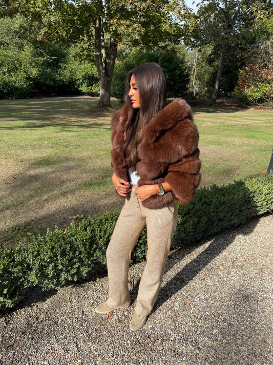 Brown cropped hooded fur