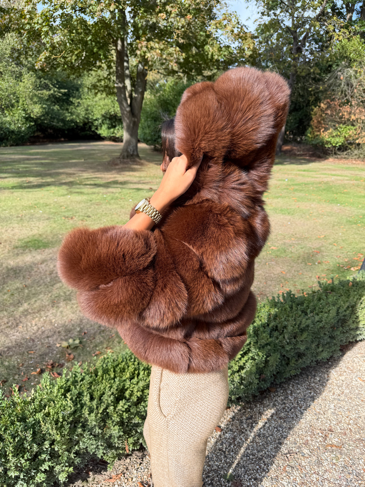 Brown cropped hooded fur